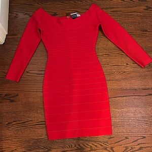 Herve Leger Vibrant Red Long Sleeve Dress